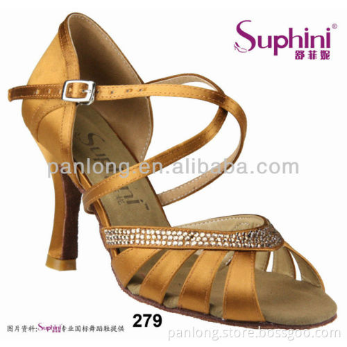 Suphini Deep Tan Satin Finesse Dianmond Latin Dance Shoes